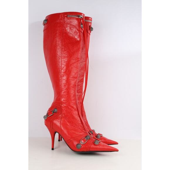 Balenciaga Cagole Boots Red Leather Knee High Pointed Toe Size 37.5 - Picture 9 of 16